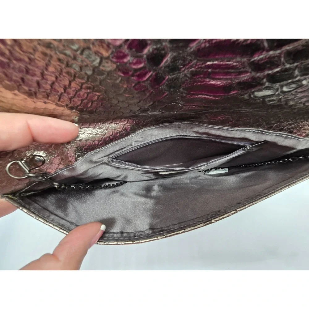 MMS Metallic Snakeskin Embossed Clutch Evening Bag Gunmetal Chain Strap